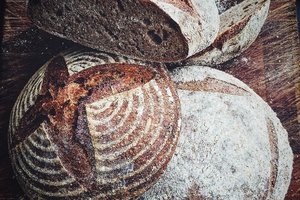 High-angle close-up view of several loaves of artisan bread